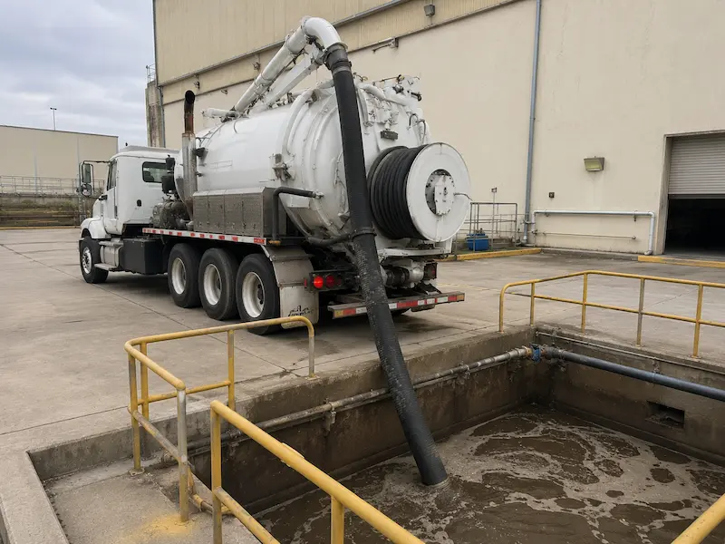 Camión vactor de 17 m3 succionando lodos de un cárcamo de bombeo