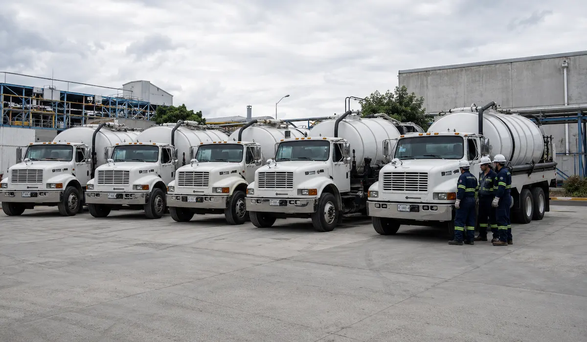 Cuadrilla con EPP completo junto a camión Vactor en una planta industrial de Querétaro