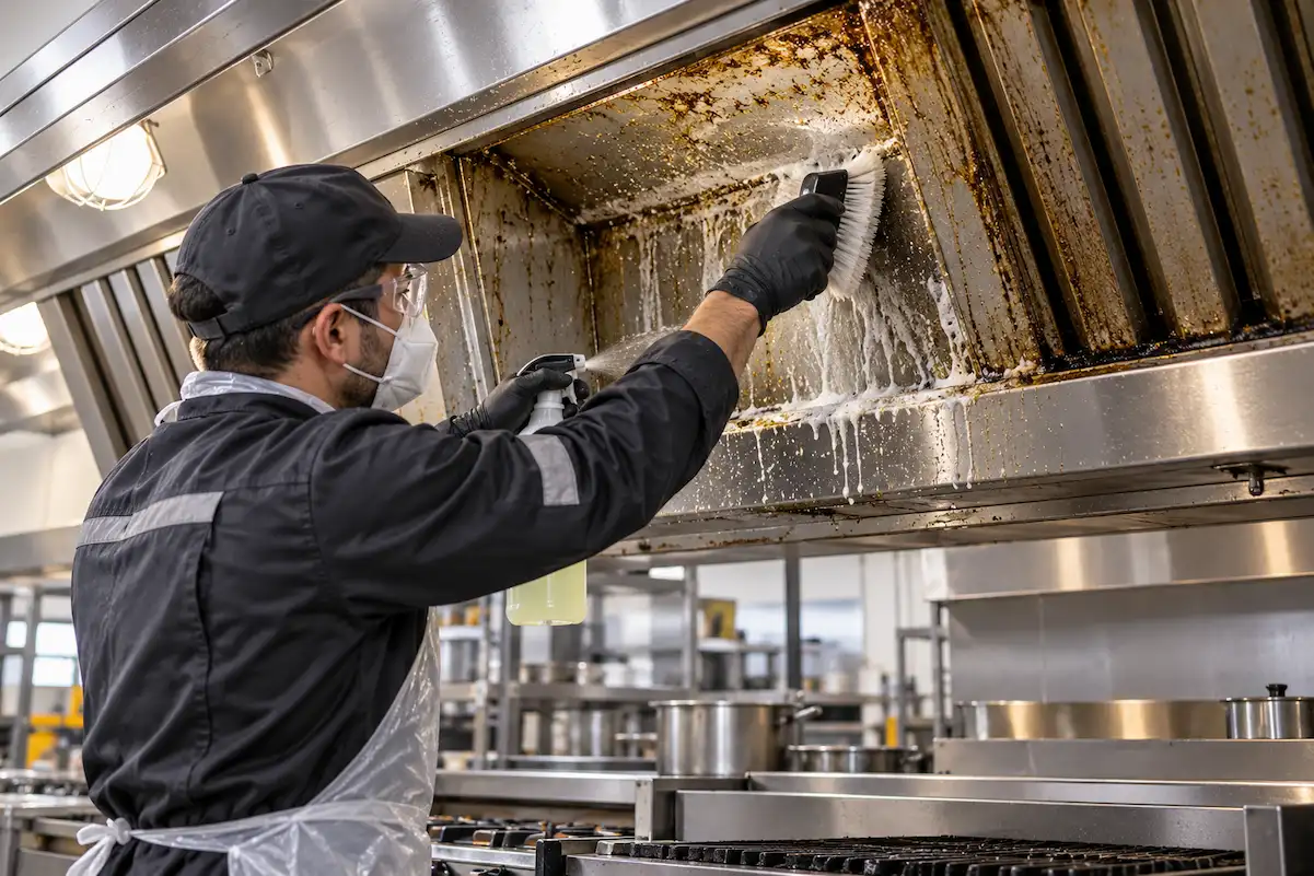 Desengrase de campana extractora en la cocina de un restaurante en Querétaro