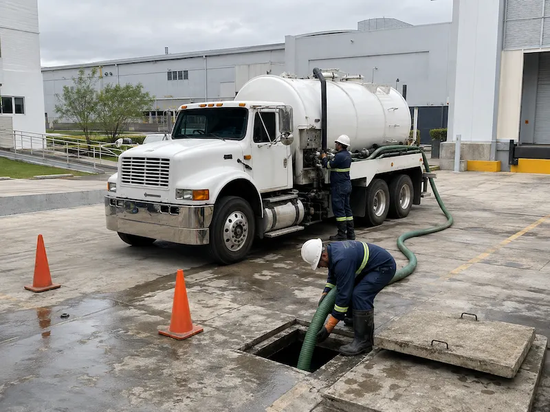 Succión de fosa séptica con camión Vactor en un predio sin red de drenaje en Querétaro