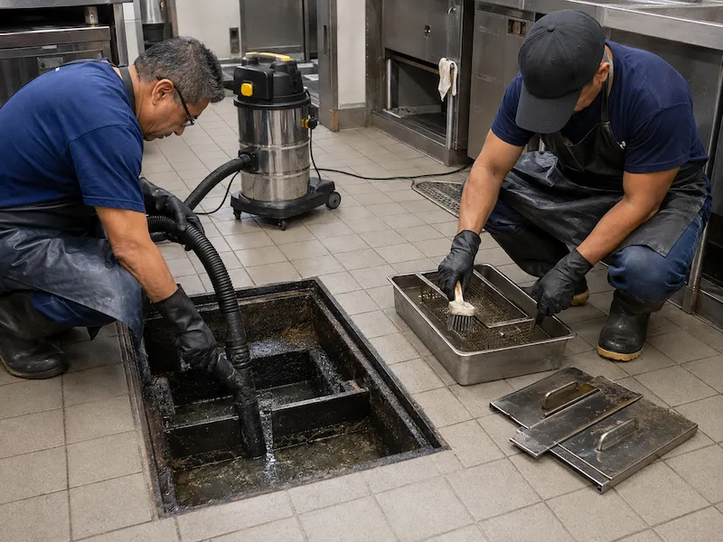 Limpieza de trampa de grasa en la cocina de un restaurante en Querétaro